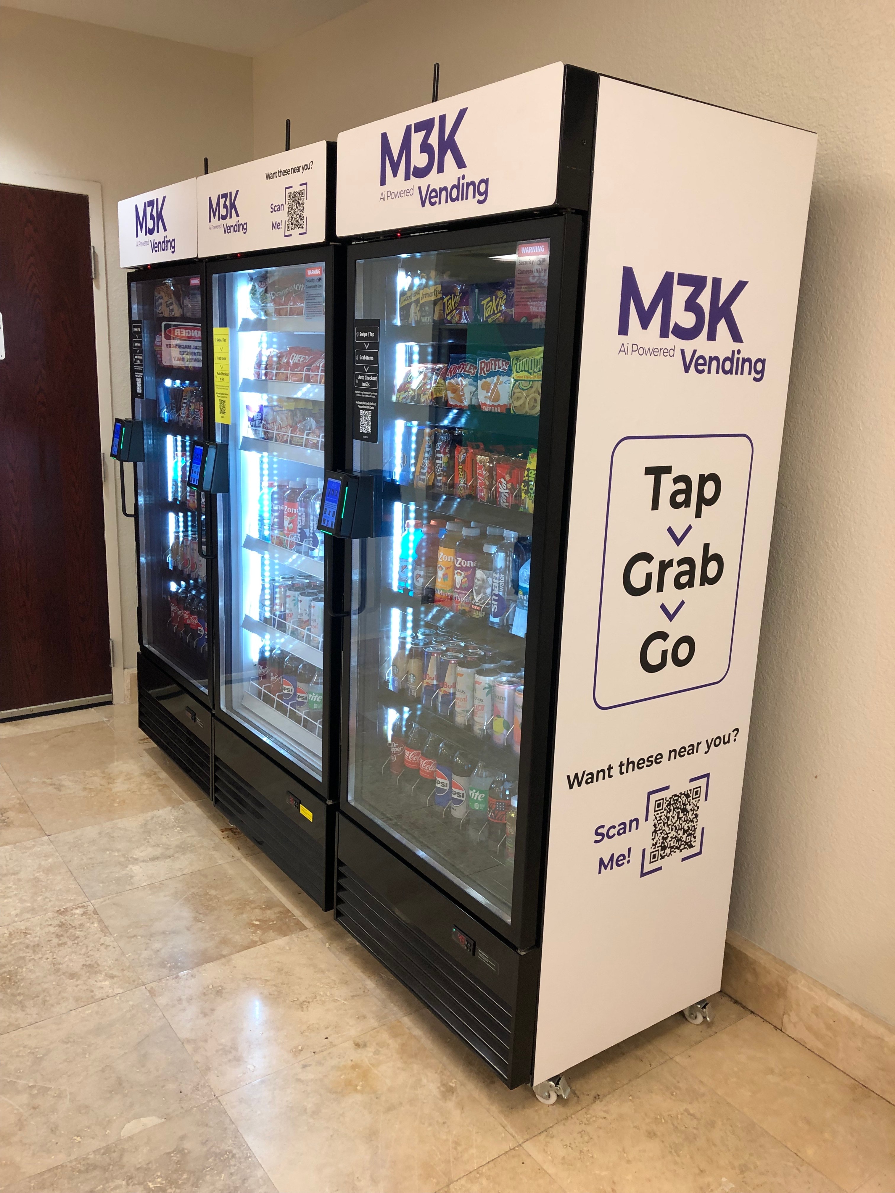 M3K vending machines viewed from an angle showing the M3K branding